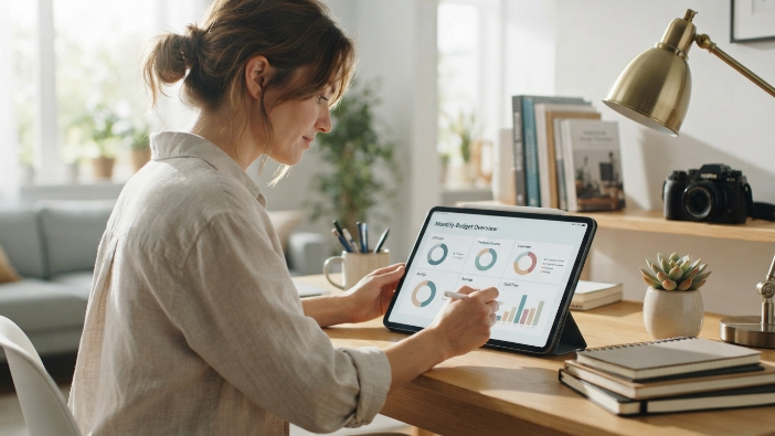 Freelancer using AI budgeting apps to manage variable incom