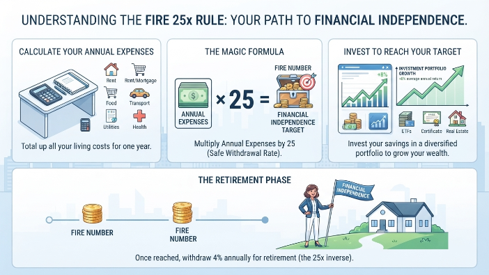 FIRE Movement Explained infographic showing the 25x expenses rule for calculating financial independence