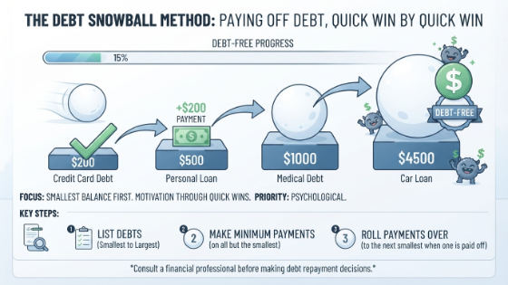 Debt Snowball vs Debt Avalanche infographic explaining how the debt snowball method pays off the smallest balances first