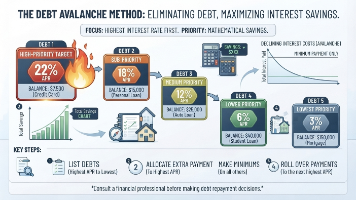 Debt Snowball vs Debt Avalanche infographic showing how the debt avalanche method reduces high-interest debt to save more money