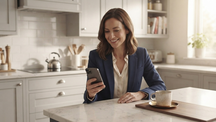 Professional reviewing her high yield savings account growth on a mobile app 