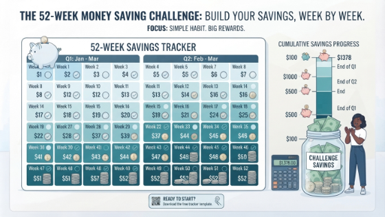 Money Saving Challenges infographic explaining the 52-week savings challenge to build long-term savings