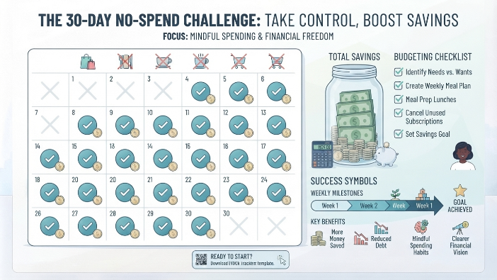 Money Saving Challenges infographic showing a 30-day no-spend challenge to reduce expenses and save more money