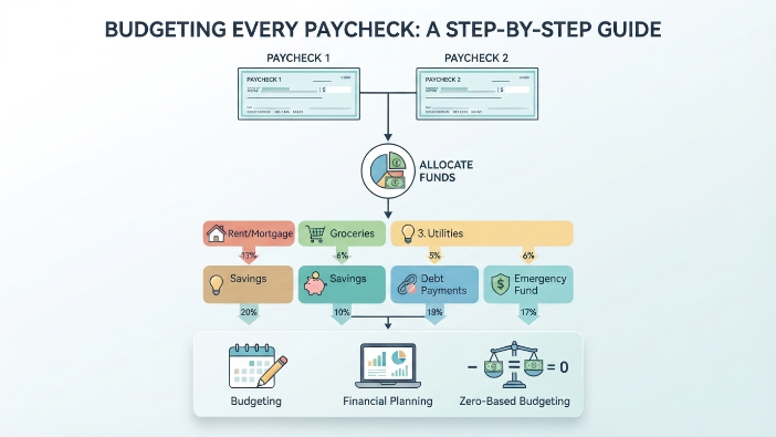 How to Budget Every Paycheck infographic showing how each paycheck is allocated to bills, savings, and essential expenses