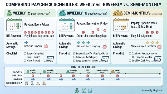 How to Budget Every Paycheck infographic explaining biweekly budgeting, paycheck planning, and cash flow management