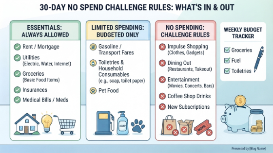 30-Day No Spend Challenge infographic explaining spending rules for essentials, limited expenses, and discretionary purchases