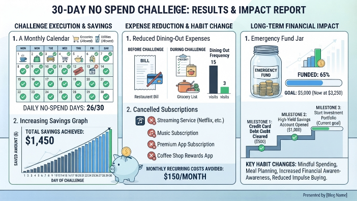 30-Day No Spend Challenge infographic showing monthly savings growth and improved budgeting through reduced discretionary spending