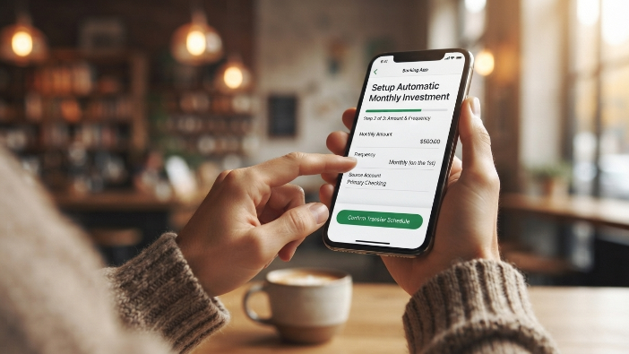 Setting up automated monthly ETF investing contributions on a phone
