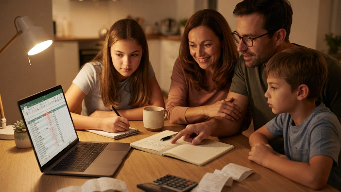 Family reviewing their monthly budget template together