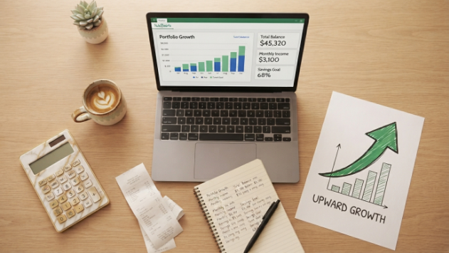 Flat lay of growth chart and laptop illustrating passive income ideas for beginners