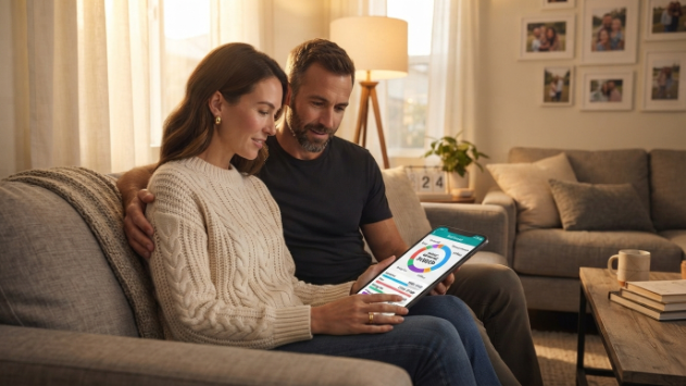 Couple comparing the best budgeting apps together on a tablet at home